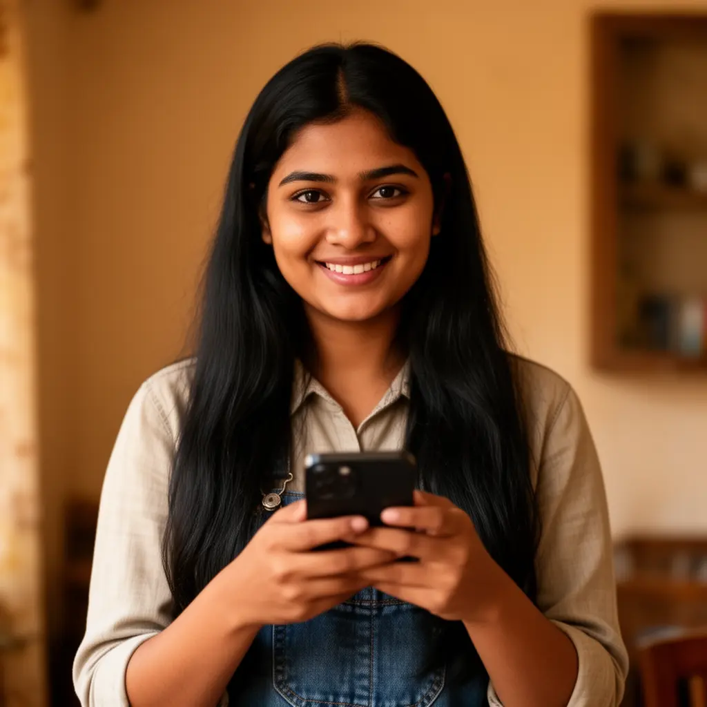 Confident Bangladeshi woman smiling while using the GD99 casino app on her smartphone in a relaxed indoor environment