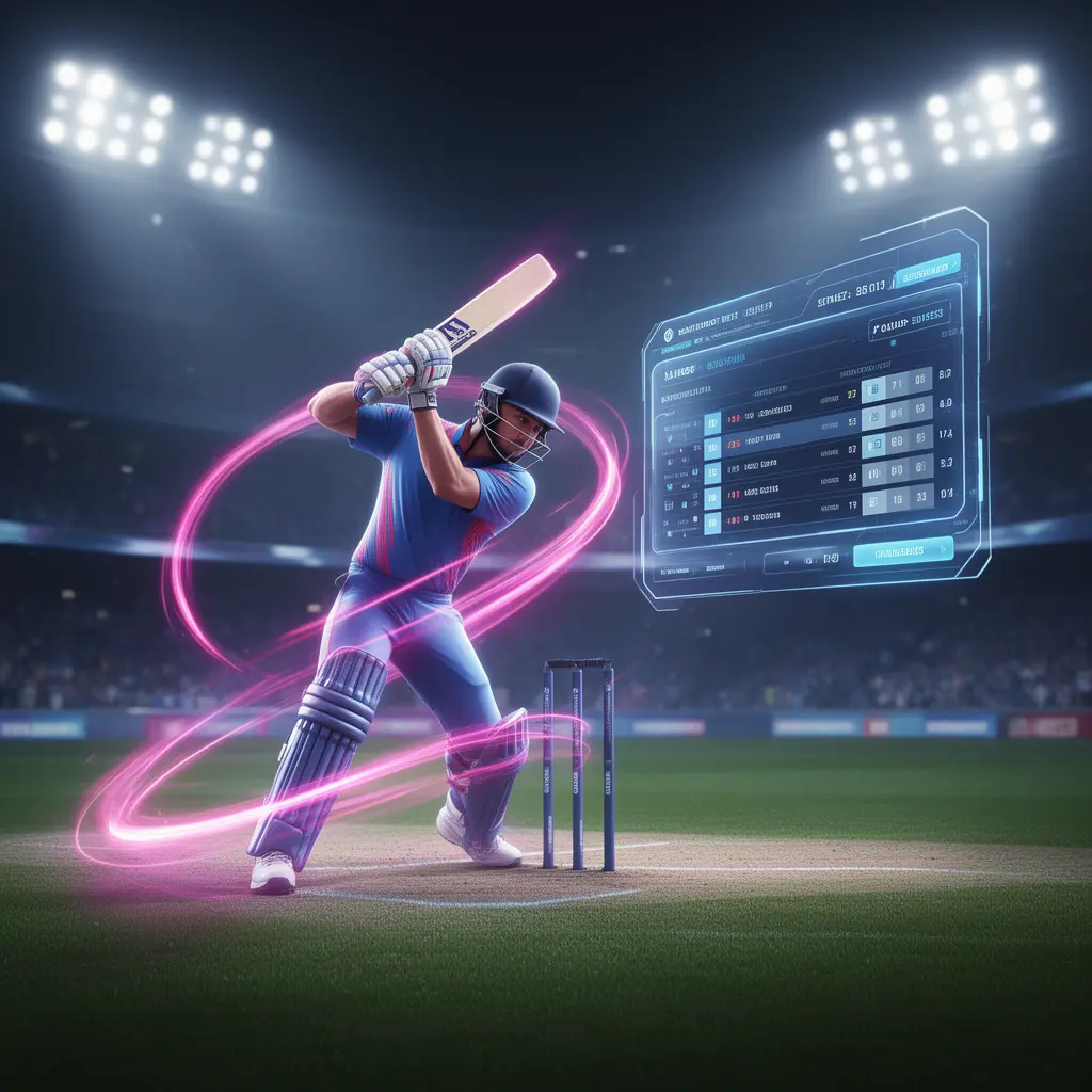 Futuristic cricket player surrounded by digital betting options and stadium lights representing high tech sports betting with GD99 in Bangladesh