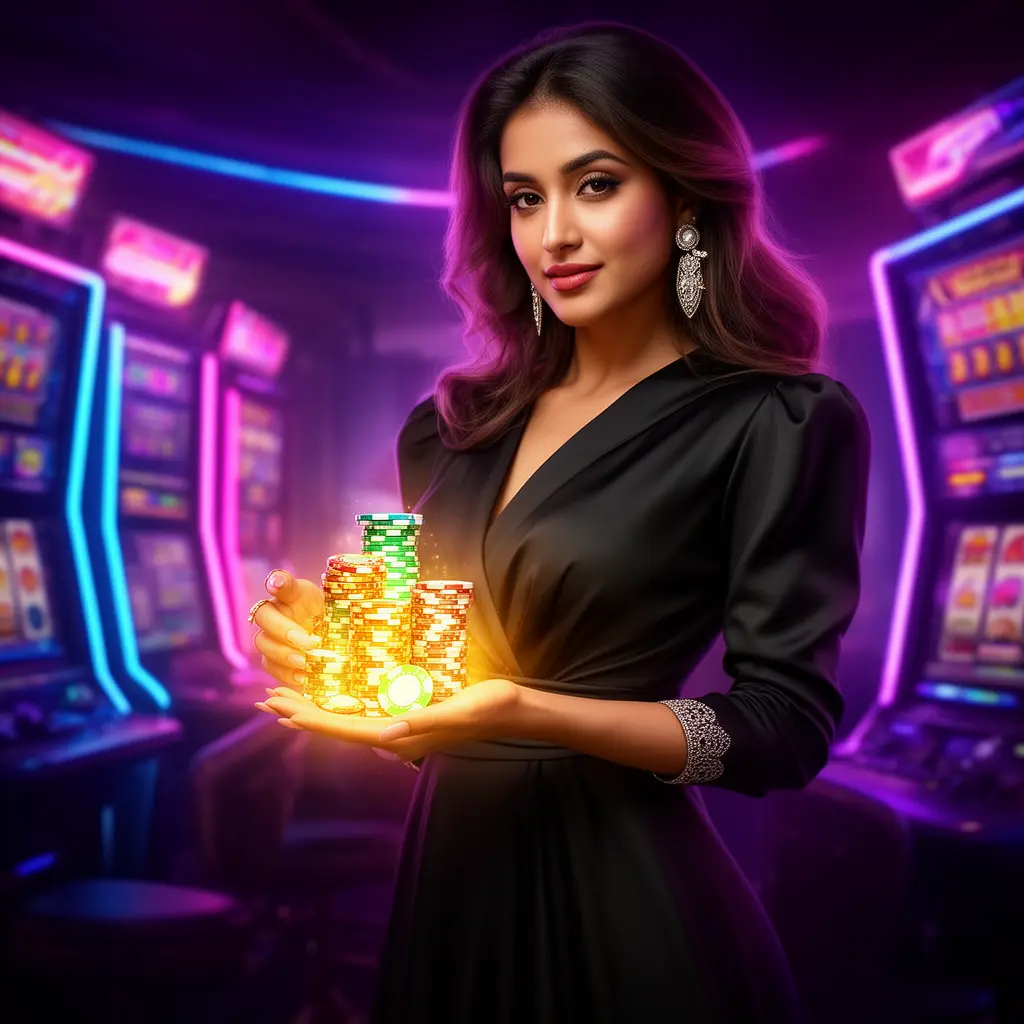 Confident casino player holding glowing chips in a vibrant neon casino scene representing the premium gaming experience at GD99 in Bangladesh