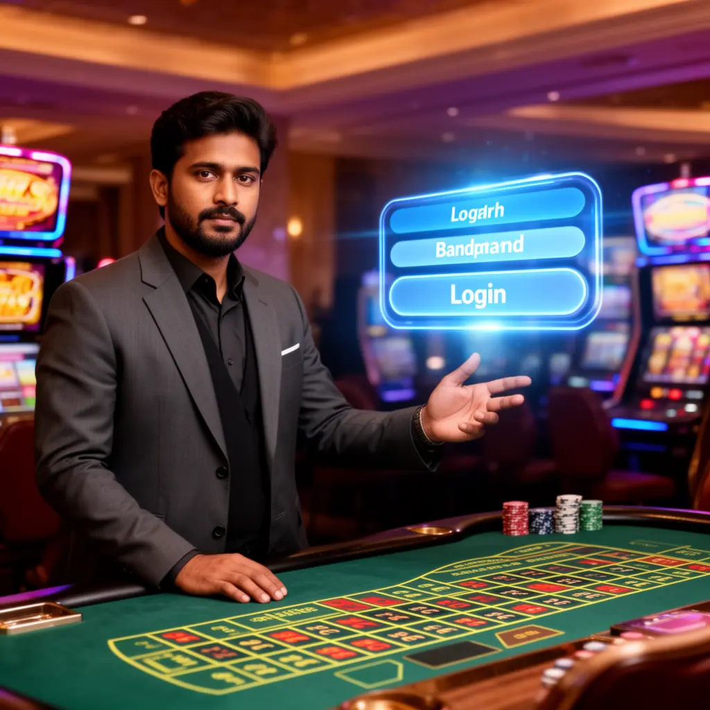 Professional Bangladeshi casino dealer pointing toward a glowing holographic login button in a vibrant casino scene representing GD99