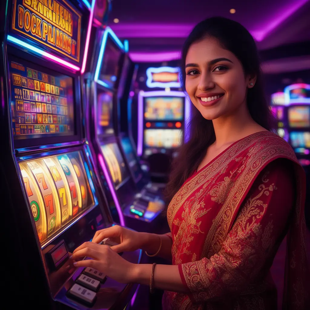 Stylish Bangladeshi woman enjoying colorful slot machines with bright reels and casino lights at GD99 online casino